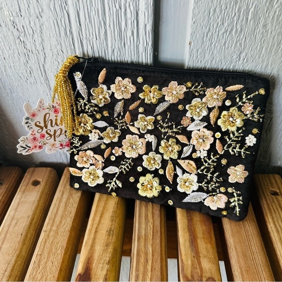 India Black Velvet Floral Embroidery Beaded Zipper Makeup Bag Coin Purse Boho - Picture 2 of 10
